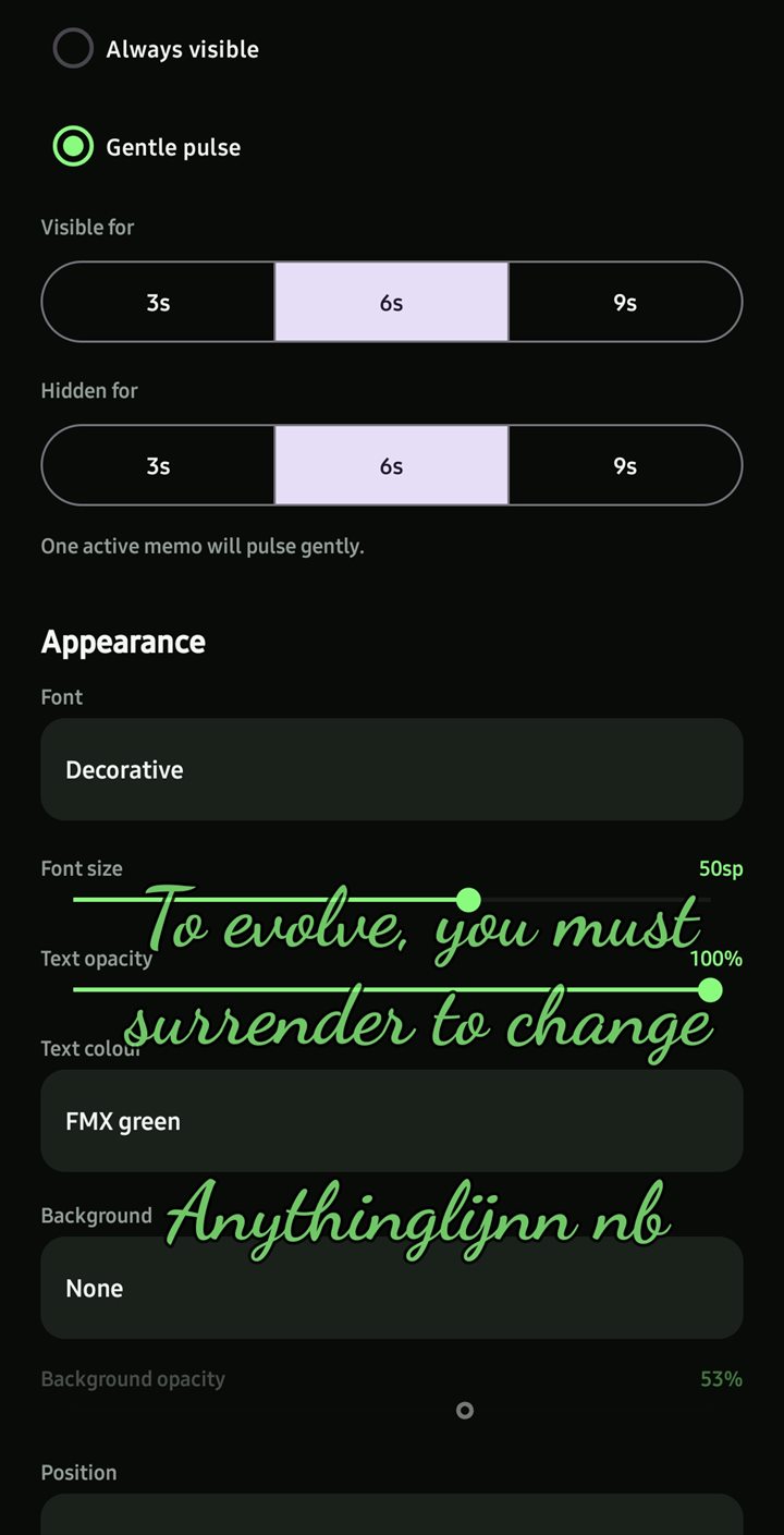FMX settings showing Gentle pulse timing and appearance controls with a floating green memo