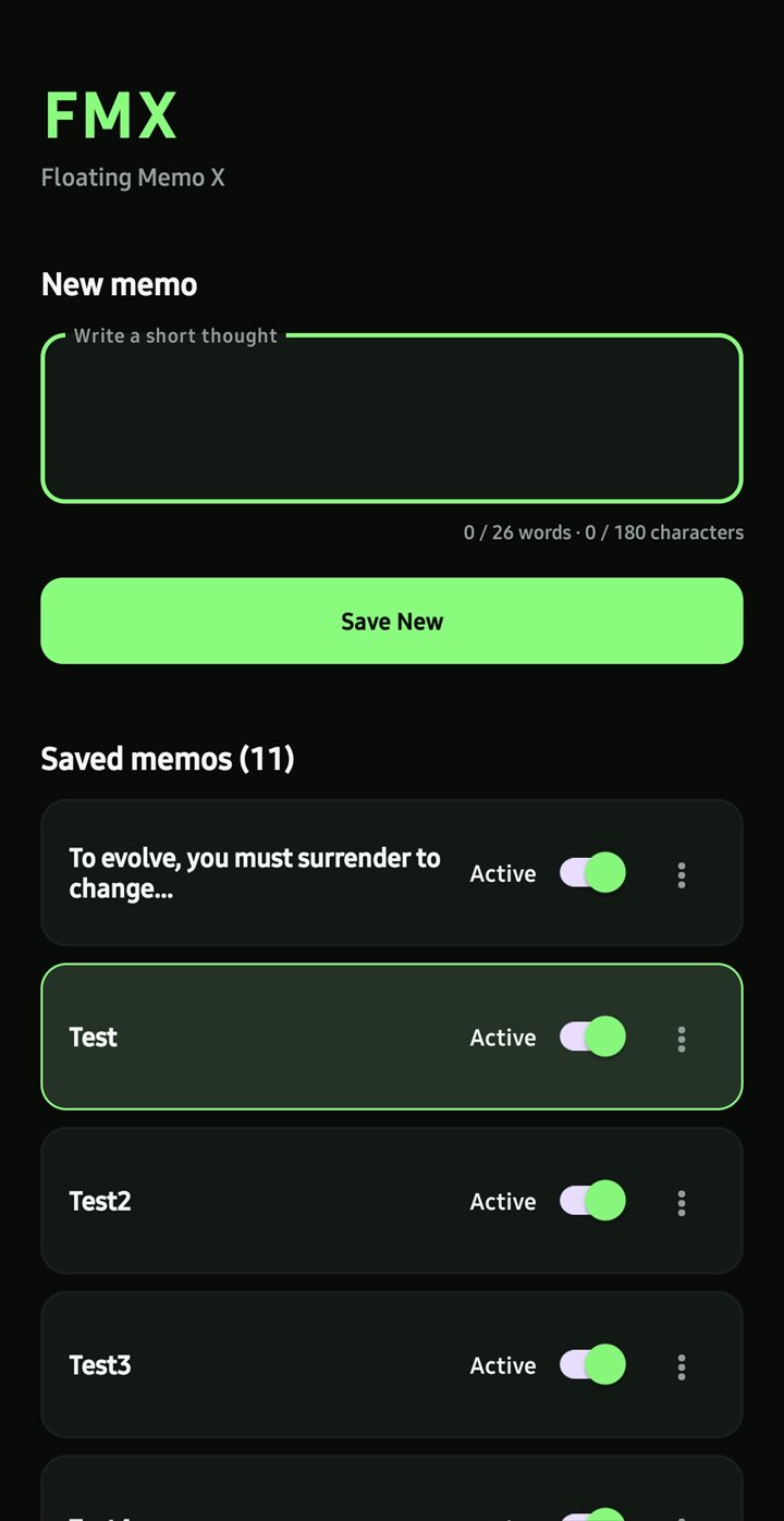 FMX Memo Library screen with a new memo field and active saved memos