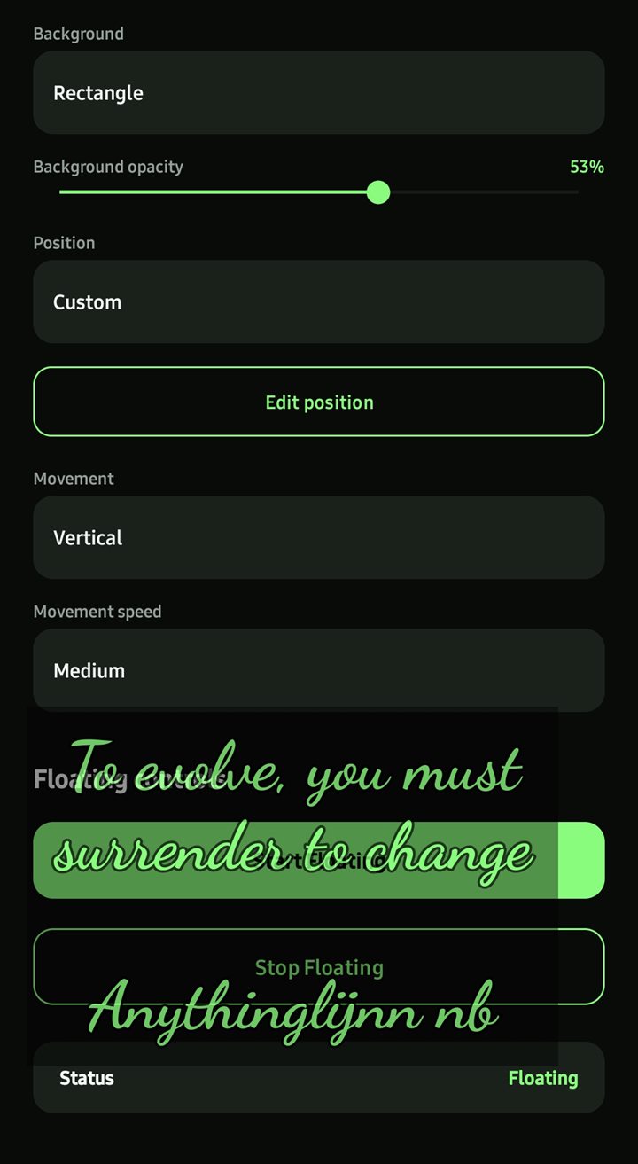 FMX settings showing custom position and vertical movement controls while a memo is floating